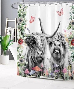 Highland Cow Shower Curtain with Green Leaves, Mushroom and Butterfly | Rustic and Durable Fabric Bath Curtain