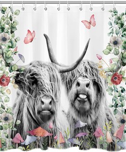 Highland Cow Shower Curtain with Green Leaves, Mushroom and Butterfly | Rustic and Durable Fabric Bath Curtain