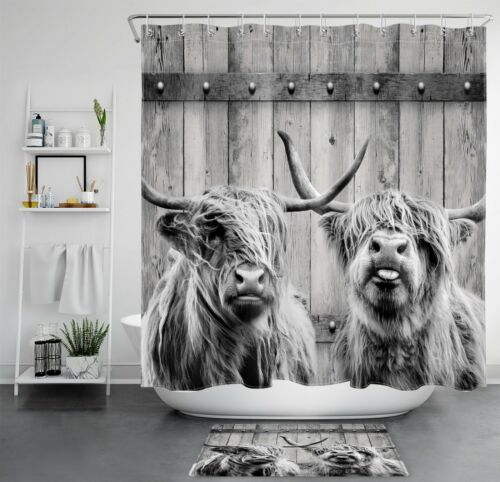 Highland Cow Shower Curtain with Rustic Board Farmhouse Style for Bathroom Accessories