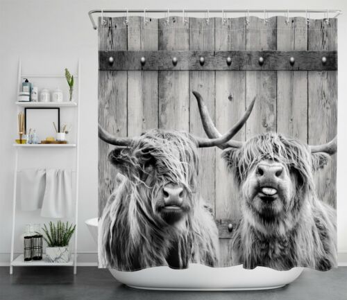 Highland Cow Shower Curtain with Rustic Board Farmhouse Style for Bathroom Accessories