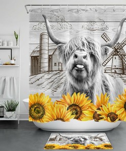 Highland Cow Sunflower Shower Curtain for Animal Farmhouse Bathroom Decor