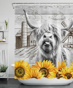 Highland Cow Sunflower Shower Curtain for Animal Farmhouse Bathroom Decor