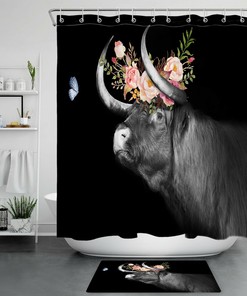 Highland Cow and Butterfly Flower Shower Curtain Set - Rustic Bathroom Accessories