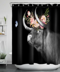Highland Cow and Butterfly Flower Shower Curtain Set - Rustic Bathroom Accessories