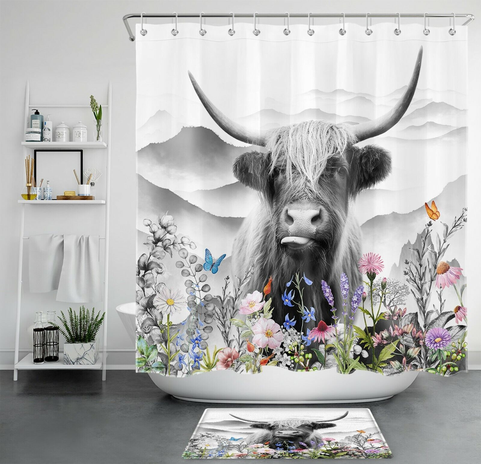 Highland Cow and Butterfly Shower Curtain for Unique Bathroom Decor