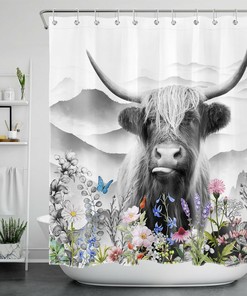 Highland Cow and Butterfly Shower Curtain for Unique Bathroom Decor