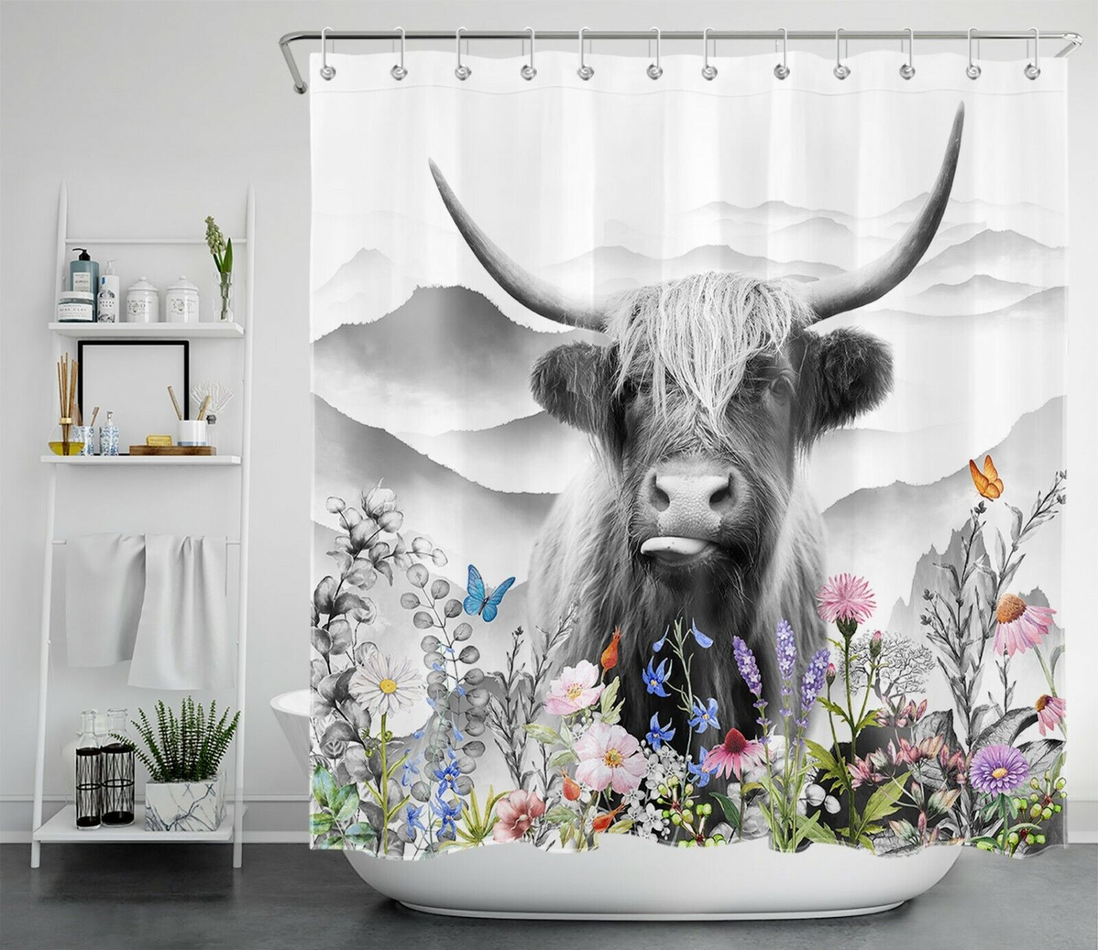 Highland Cow and Butterfly Shower Curtain for Unique Bathroom Decor
