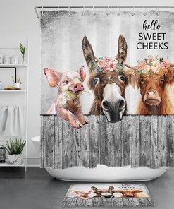 Highland Cow and Donkey Shower Curtain for a Farmhouse Bathroom Decor 