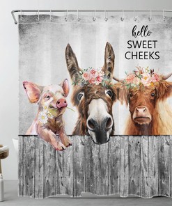 Highland Cow and Donkey Shower Curtain for a Farmhouse Bathroom Decor