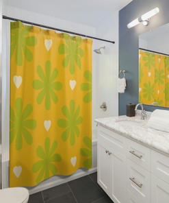 Hippie Style Green 70s Flower Print Shower Curtain - Add a Pop of Color to Your Bathroom