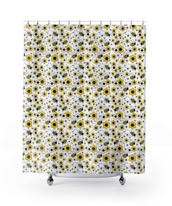 Honey Bumble Bee Shower Curtain for Yellow Floral Bathroom Decor