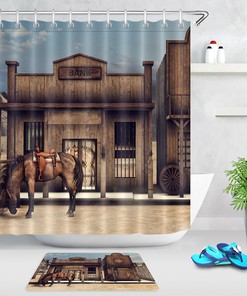 Horse and Wooden House Shower Curtain with Wild West Cowboy Theme Print - Vintage Bathroom Decor