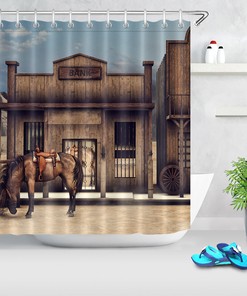 Horse and Wooden House Shower Curtain with Wild West Cowboy Theme Print - Vintage Bathroom Decor