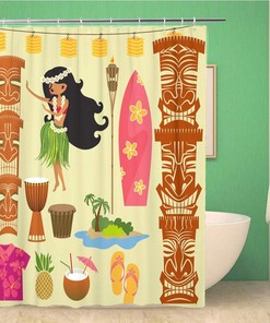Hula Dancer and Tiki Gods Shower Curtain for Hawaii Bathroom Decor