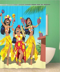Hula Girls Beach Party Shower Curtain for Hawaii Bathroom Decor