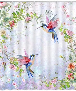 Hummingbird Flower Shower Curtain - Bird Spring Floral Garden Nature Plant Fabric Bathroom Decoration