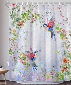 Hummingbird Flower Shower Curtain - Bird Spring Floral Garden Nature Plant Fabric Bathroom Decoration