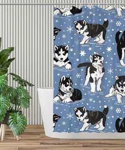 Husky Puppies and Snowflakes Fabric Shower Curtain - Rustic Bathroom Decor