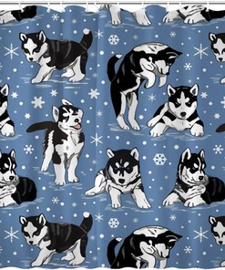 Husky Puppies and Snowflakes Fabric Shower Curtain - Rustic Bathroom Decor