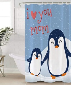 I Love Mom Cute Penguin Mother's Day Shower Curtain - Waterproof Fabric Home Bathtub Decor 