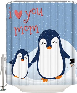 I Love Mom Cute Penguin Mother's Day Shower Curtain - Waterproof Fabric Home Bathtub Decor