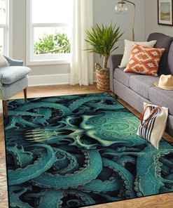In Stock Occultism Inspired Skulls and Tentacles Teal Black Area Rug
