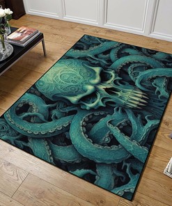 In Stock Occultism Inspired Skulls and Tentacles Teal Black Area Rug