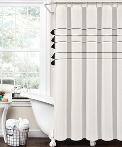Ivory Farmhouse Boho Stripe Woven Tassel Yarn Dyed Shower Curtain for Rustic Bathroom Decor