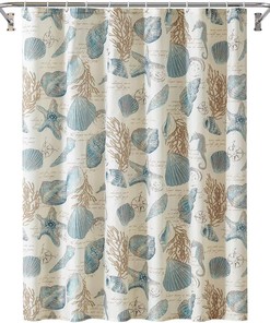 Ivory Starfish and Seashells Shower Curtain for Nautical Bathroom Decor 