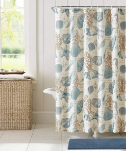 Ivory Starfish and Seashells Shower Curtain for Nautical Bathroom Decor