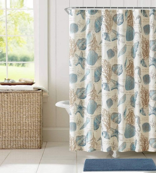 Ivory Starfish and Seashells Shower Curtain for Nautical Bathroom Decor