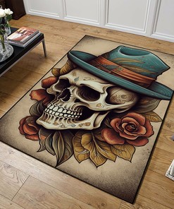 Jack Hughes Style Colorized Skull with Cowboy Hat Customizable Area Rug