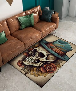 Jack Hughes Style Colorized Skull with Cowboy Hat Customizable Area Rug