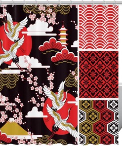 Japanese Garden Stone Crane Fabric Shower Curtain for Bathroom Decor