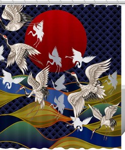 Japanese Style Sun Crane Fabric Shower Curtain for Bathroom Decor