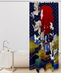 Japanese Style Sun Crane Fabric Shower Curtain for Bathroom Decor