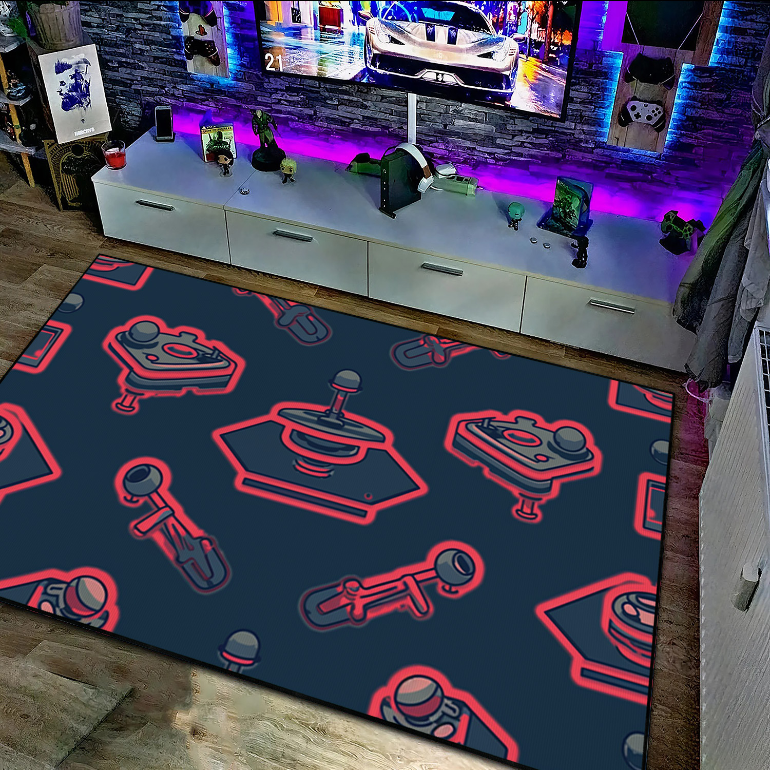 Joystick Arcade Pattern Rug, Customizable Gamer Rug for Bedroom