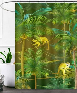 Jungle Animal Wildlife Cloth Fabric Shower Curtain for Bathroom Decors, Green Tropical Palm Tree Tropical Monkey Shower Curtain 