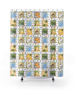 Jungle Animals Neutral Shower Curtain for Kids Bathroom Decor with Elephant, Zebra, Giraffe, Monkey, Tiger and Frog
