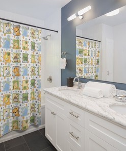 Jungle Animals Neutral Shower Curtain for Kids Bathroom Decor with Elephant, Zebra, Giraffe, Monkey, Tiger and Frog