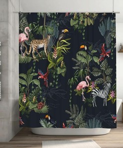 Jungle Animals Shower Curtain: Monkey, Flamingo, Zebra and Trees