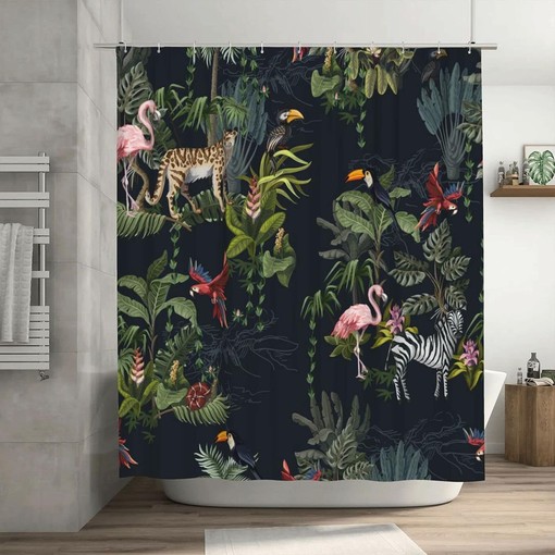 Jungle Animals Shower Curtain: Monkey, Flamingo, Zebra and Trees