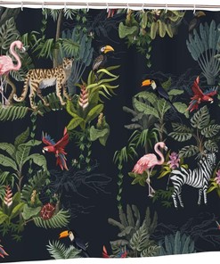 Jungle Animals Shower Curtain: Monkey, Flamingo, Zebra and Trees