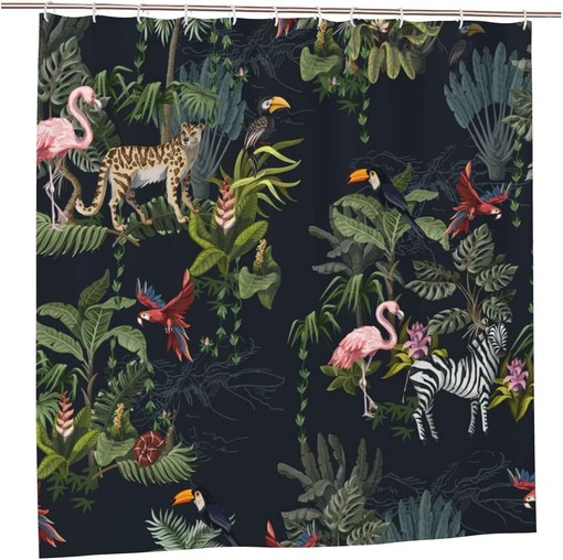 Jungle Animals Shower Curtain: Monkey, Flamingo, Zebra and Trees
