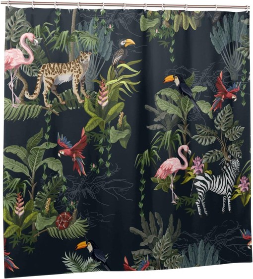 Jungle Animals Shower Curtain: Monkey, Flamingo, Zebra and Trees