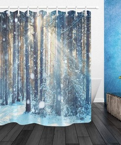Jungle Forest Wood Tree in Snow Winter Shower Curtain for Bathroom Decor