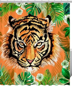 Jungle Palm Leaves Tiger Fabric Shower Curtain for Bathroom Decor
