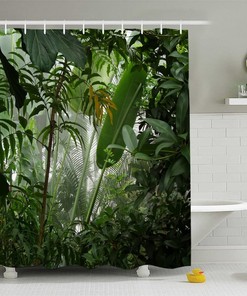 Jungle and Green Banana Leaves Watercolor Shower Curtain, Polyester Fabric for Cute Bathroom Decor