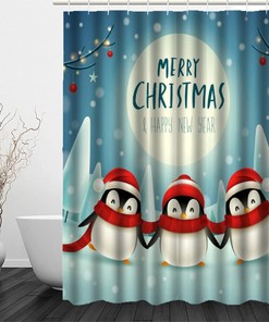 Kawaii Penguin Christmas Retro Shower Curtain for Cute Farmhouse Bathroom Decor