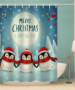 Kawaii Penguin Christmas Retro Shower Curtain for Cute Farmhouse Bathroom Decor